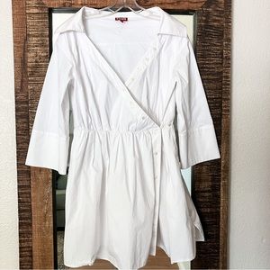 STAUD Mini Dress white asymmetrical button plunging neckline casual resort beach